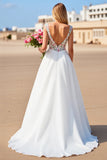 White V-Neck A Line Sweep Train Floral Boho Wedding Dress