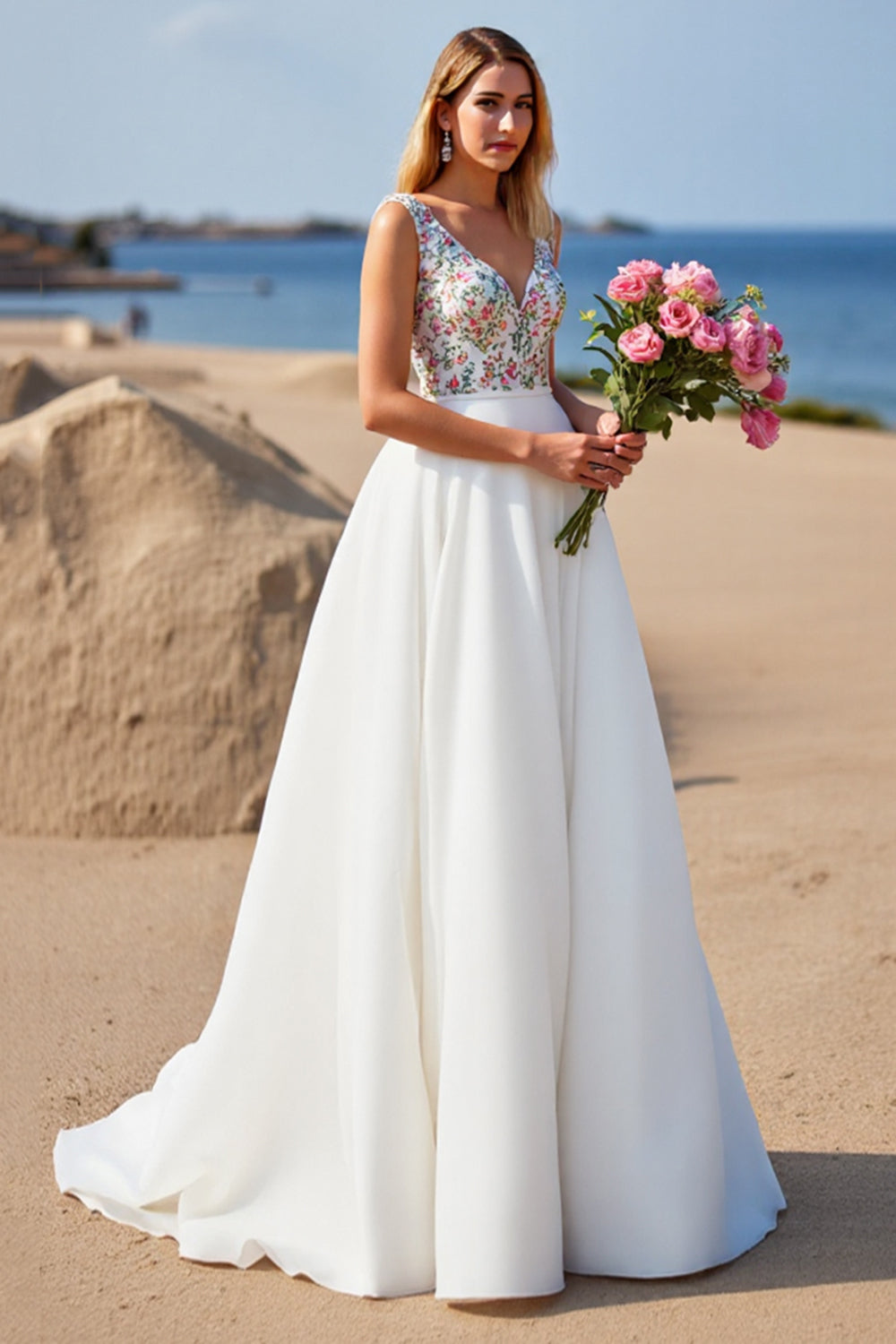 White V-Neck A Line Sweep Train Floral Boho Wedding Dress