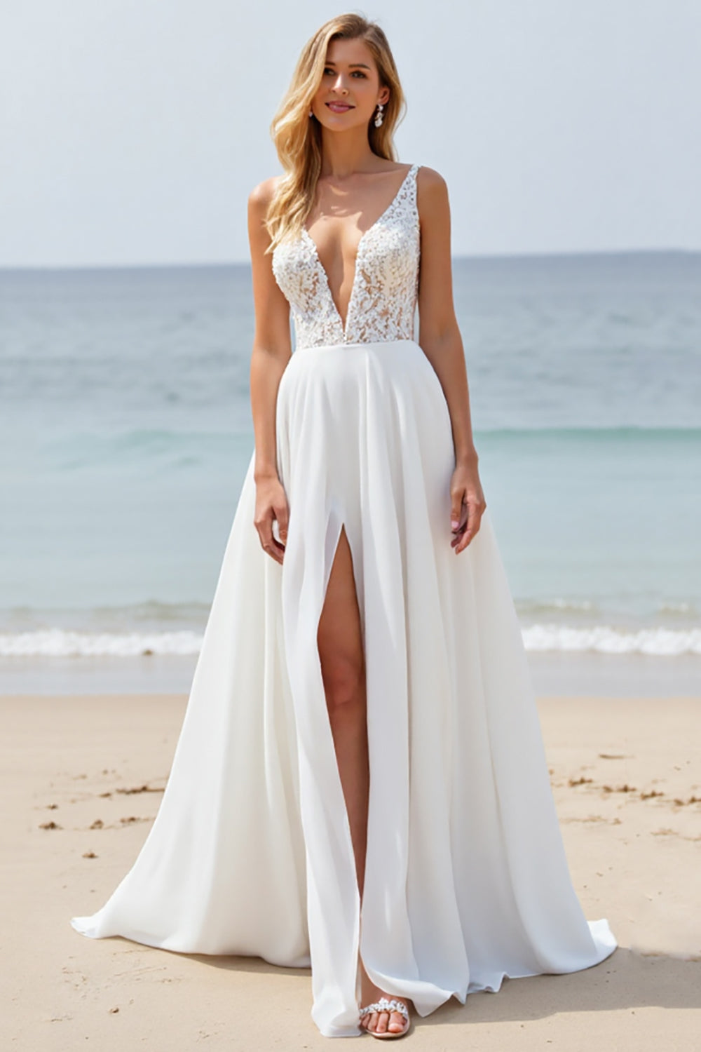 White Chiffon A Line Sweep Train Boho Wedding Dress with Slit