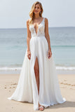 White Chiffon A Line Sweep Train Boho Wedding Dress with Slit