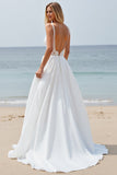 White Chiffon A Line Sweep Train Boho Wedding Dress with Slit