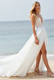 White Chiffon A Line Sweep Train Boho Wedding Dress with Slit