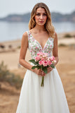 White Chiffon Floral A Line Sweep Train Boho Wedding Dress