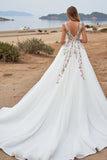 White Chiffon Floral A Line Sweep Train Boho Wedding Dress