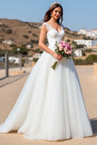 White A Line Tulle Sweep Train Boho Wedding Dress with Lace