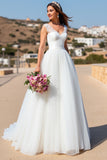 White A Line Tulle Sweep Train Boho Wedding Dress with Lace