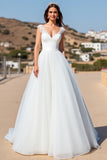 White A Line Tulle Sweep Train Boho Wedding Dress with Lace