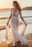 White Lace Sweep Train Long Sleeves Boho Wedding Dress