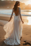 White Lace Sweep Train Long Sleeves Boho Wedding Dress