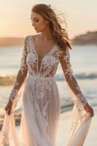 White Lace Sweep Train Long Sleeves Boho Wedding Dress