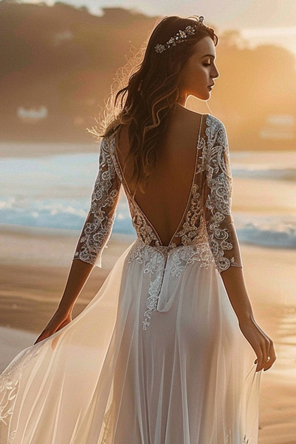 White Lace Sweep Train Long Sleeves Boho Wedding Dress