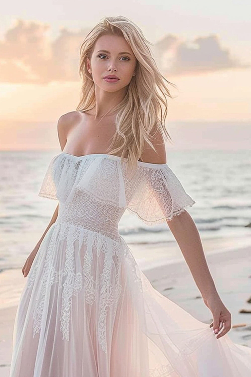 White Off The Shoulder Tulle Sweep Train Boho Wedding Dress with Lace