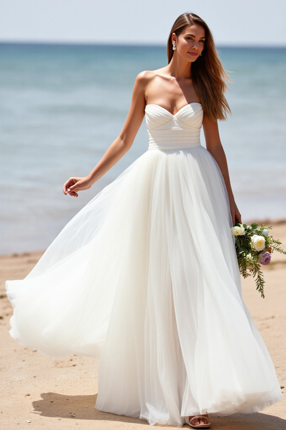 White Sweetheart A Line Tulle Sweep Train Boho Wedding Dress