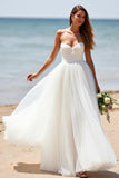 White Sweetheart A Line Tulle Sweep Train Boho Wedding Dress