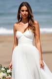 White Sweetheart A Line Tulle Sweep Train Boho Wedding Dress
