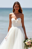 White Sweetheart A Line Tulle Sweep Train Boho Wedding Dress
