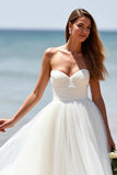 White Sweetheart A Line Tulle Sweep Train Boho Wedding Dress