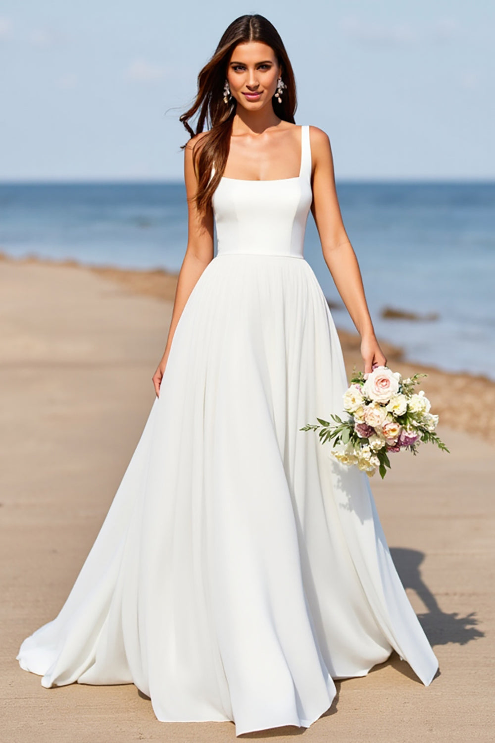 White Chiffon A Line Square Neck Boho Sweep Train Wedding Dress