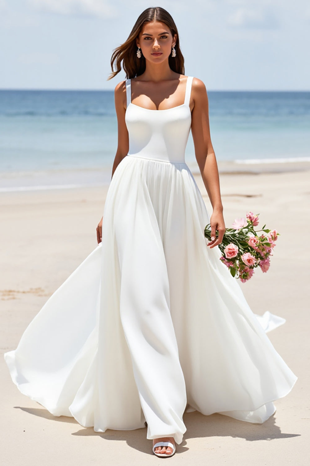 White Chiffon A Line Square Neck Boho Sweep Train Wedding Dress