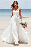 White Chiffon A Line Square Neck Boho Sweep Train Wedding Dress