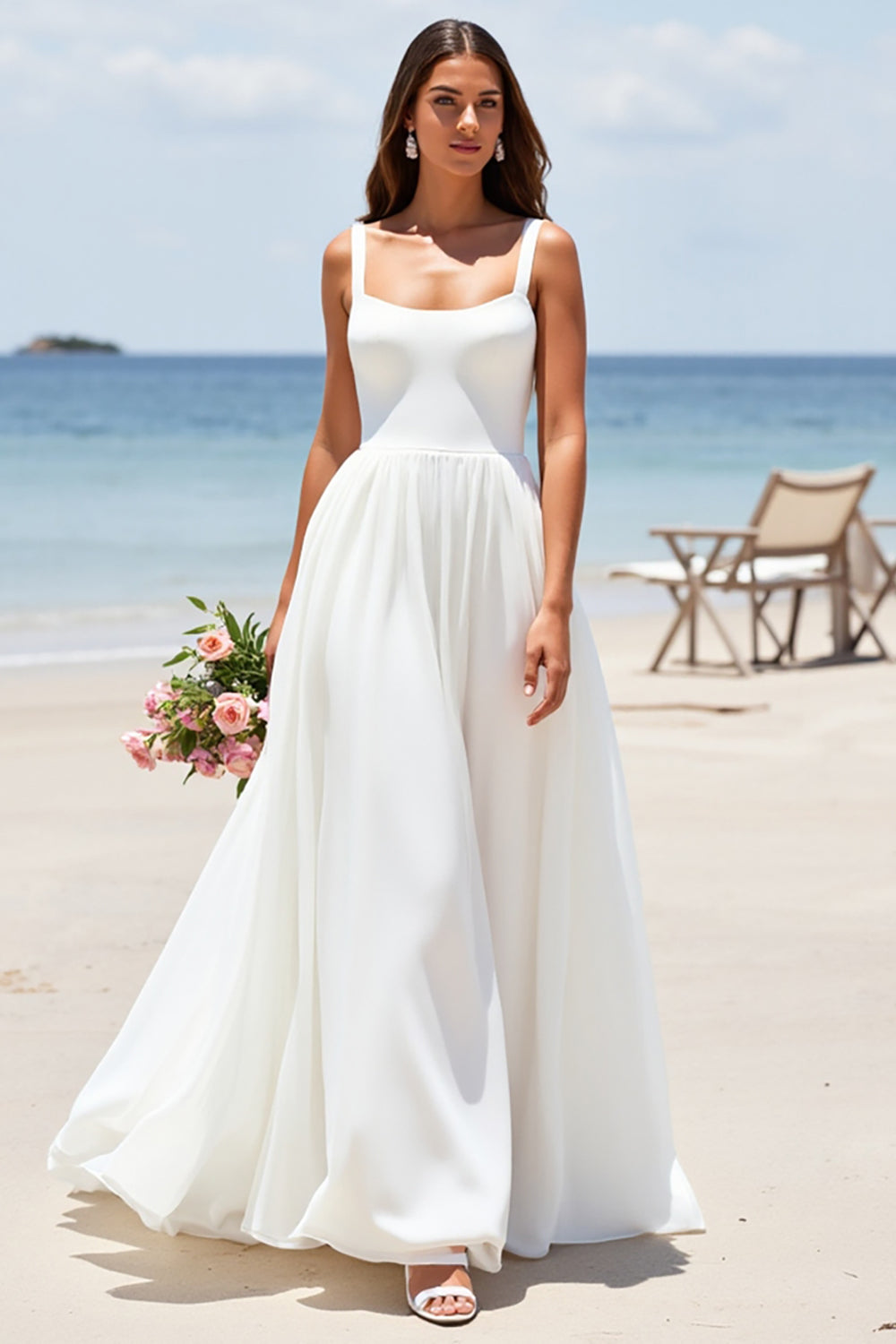 White Chiffon A Line Square Neck Boho Sweep Train Wedding Dress