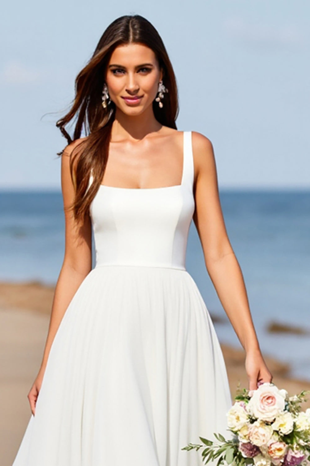 White Chiffon A Line Square Neck Boho Sweep Train Wedding Dress