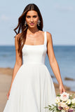 White Chiffon A Line Square Neck Boho Sweep Train Wedding Dress