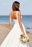 White Chiffon A Line Square Neck Boho Sweep Train Wedding Dress