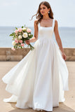 White Chiffon Square Neck A Line Boho Sweep Train Wedding Dress