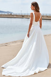 White Chiffon Square Neck A Line Boho Sweep Train Wedding Dress