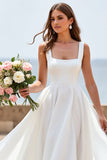 White Chiffon Square Neck A Line Boho Sweep Train Wedding Dress