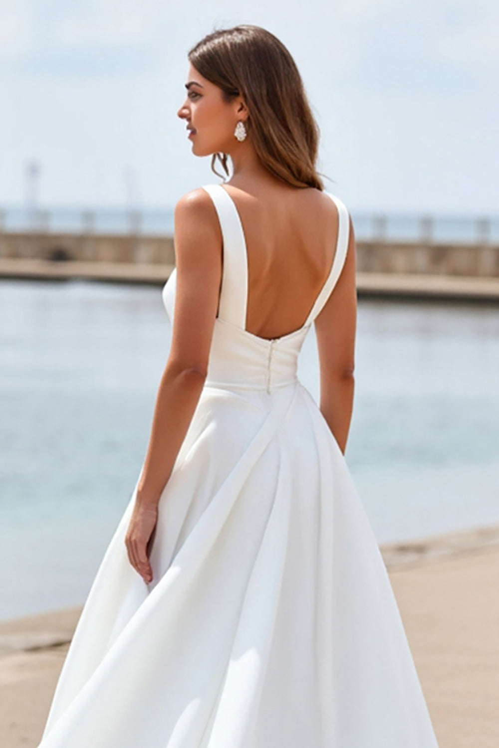 White Chiffon Square Neck A Line Boho Sweep Train Wedding Dress