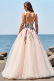 Blush Embroidered Tulle A Line Floor Length Boho Wedding Dress