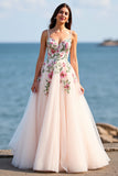 Blush Tulle A Line Embroidered Sweep Train Boho Wedding Dress