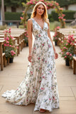 White V Neck A Line Sweep Train Floral Boho Wedding Dress