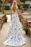 White V Neck A Line Sweep Train Floral Boho Wedding Dress