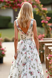 White V Neck A Line Sweep Train Floral Boho Wedding Dress