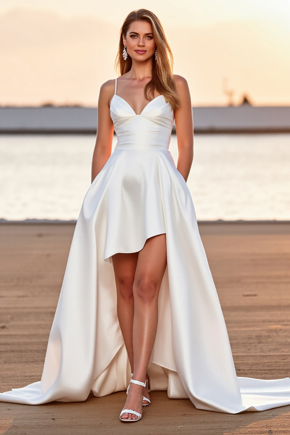 White Satin A Line High-Low Sweep Train Boho Wedding Dress