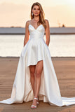 White Satin A Line High-Low Sweep Train Boho Wedding Dress
