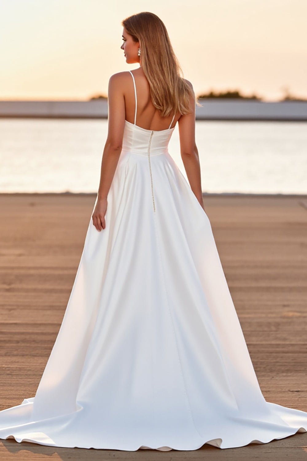 White Satin A Line High-Low Sweep Train Boho Wedding Dress