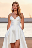 White Satin A Line High-Low Sweep Train Boho Wedding Dress