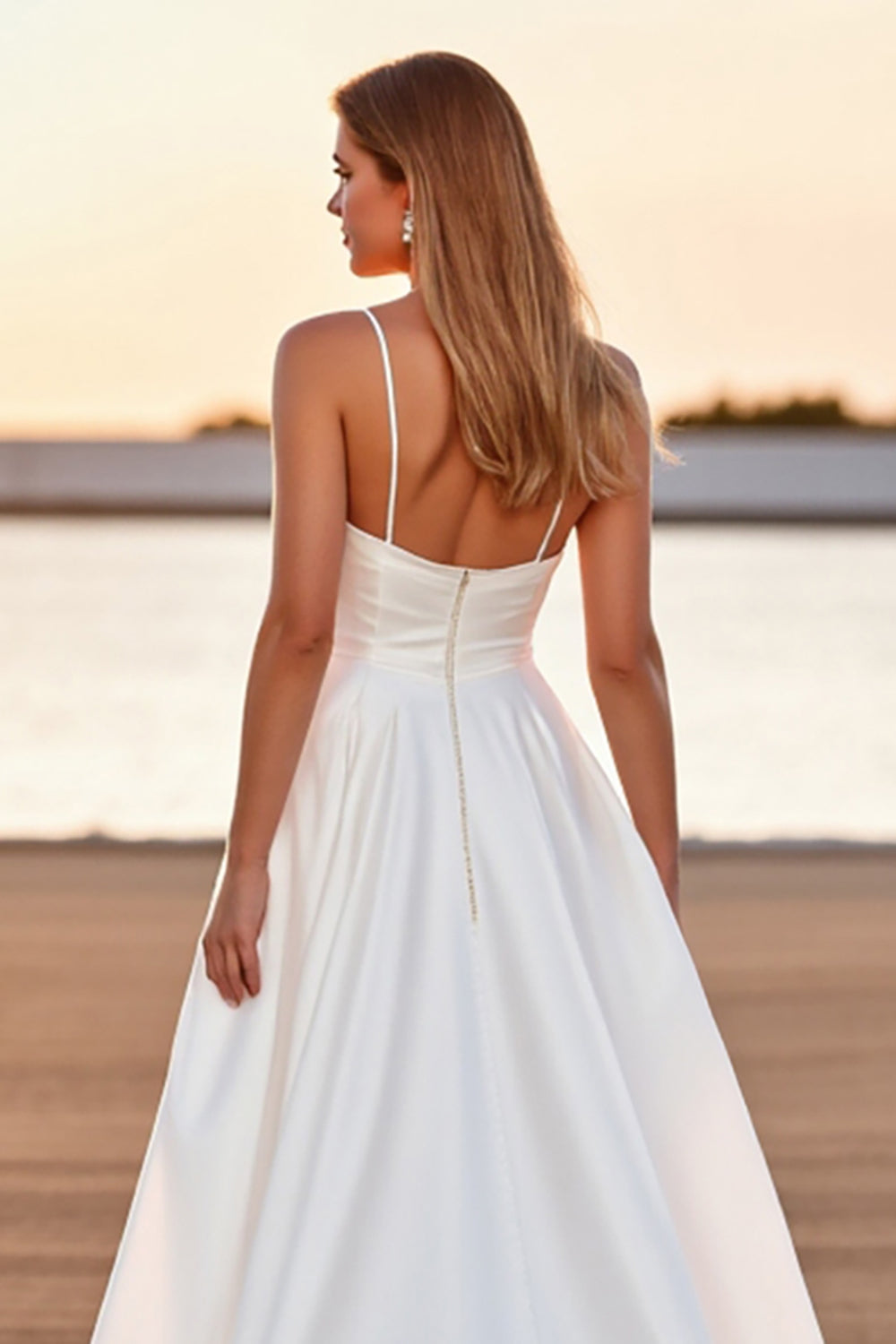 White Satin A Line High-Low Sweep Train Boho Wedding Dress