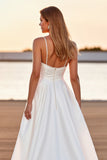 White Satin A Line High-Low Sweep Train Boho Wedding Dress