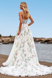 White V Neck Tulle A Line Sweep Train Boho Wedding Dress with Embroidery