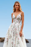 White V Neck Tulle A Line Sweep Train Boho Wedding Dress with Embroidery