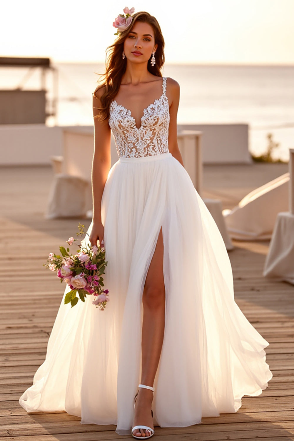 White V-Neck A Line Sweep Train Boho Wedding Dress with Lace