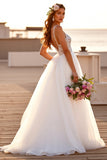 White V-Neck A Line Sweep Train Boho Wedding Dress with Lace