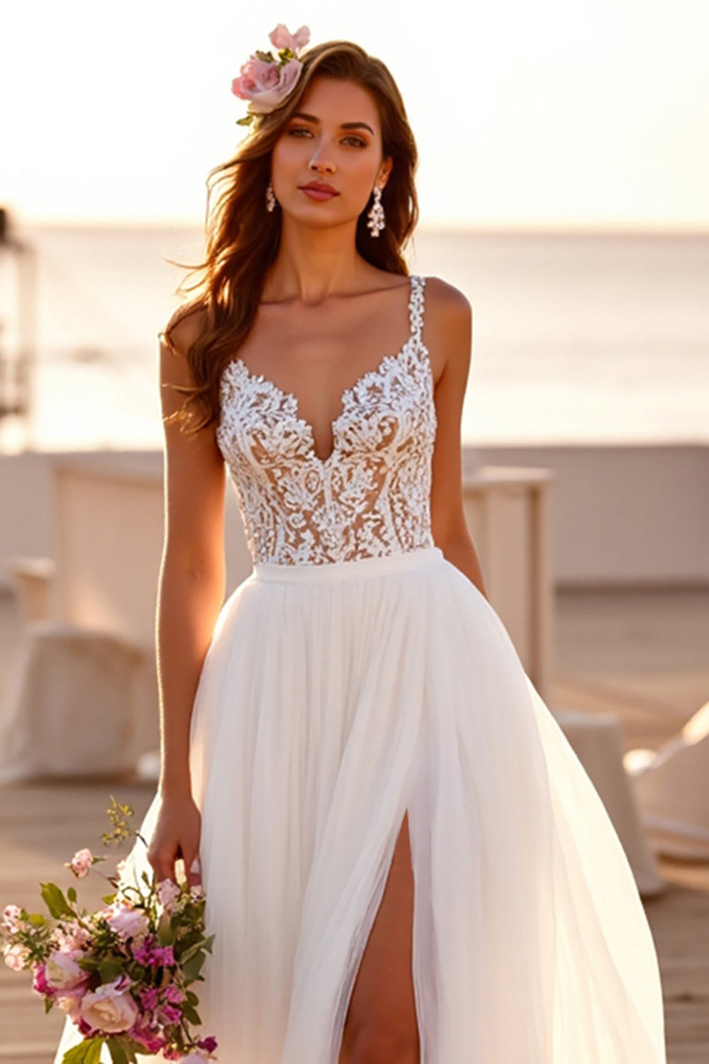 White V-Neck A Line Sweep Train Boho Wedding Dress with Lace