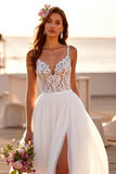 White V-Neck A Line Sweep Train Boho Wedding Dress with Lace