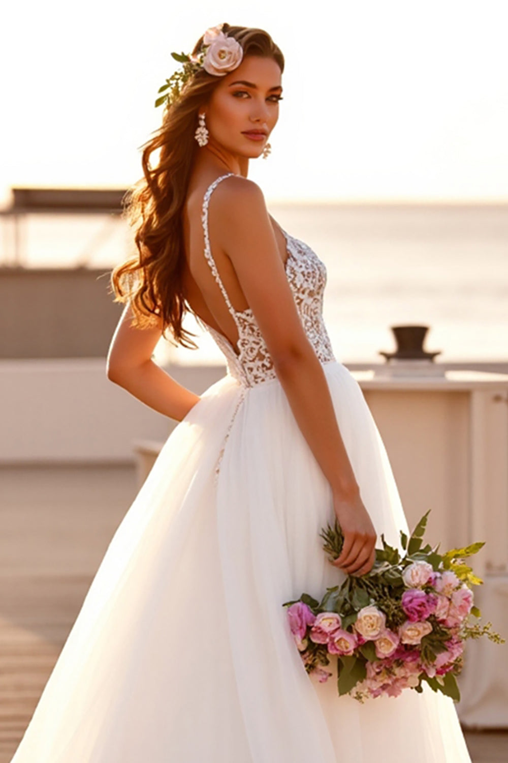 White V-Neck A Line Sweep Train Boho Wedding Dress with Lace